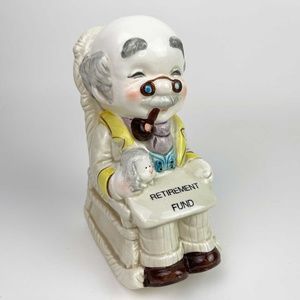 Vintage Lefton Coin Bank Retirement Fund Grandpa Rocking Chair Figurine